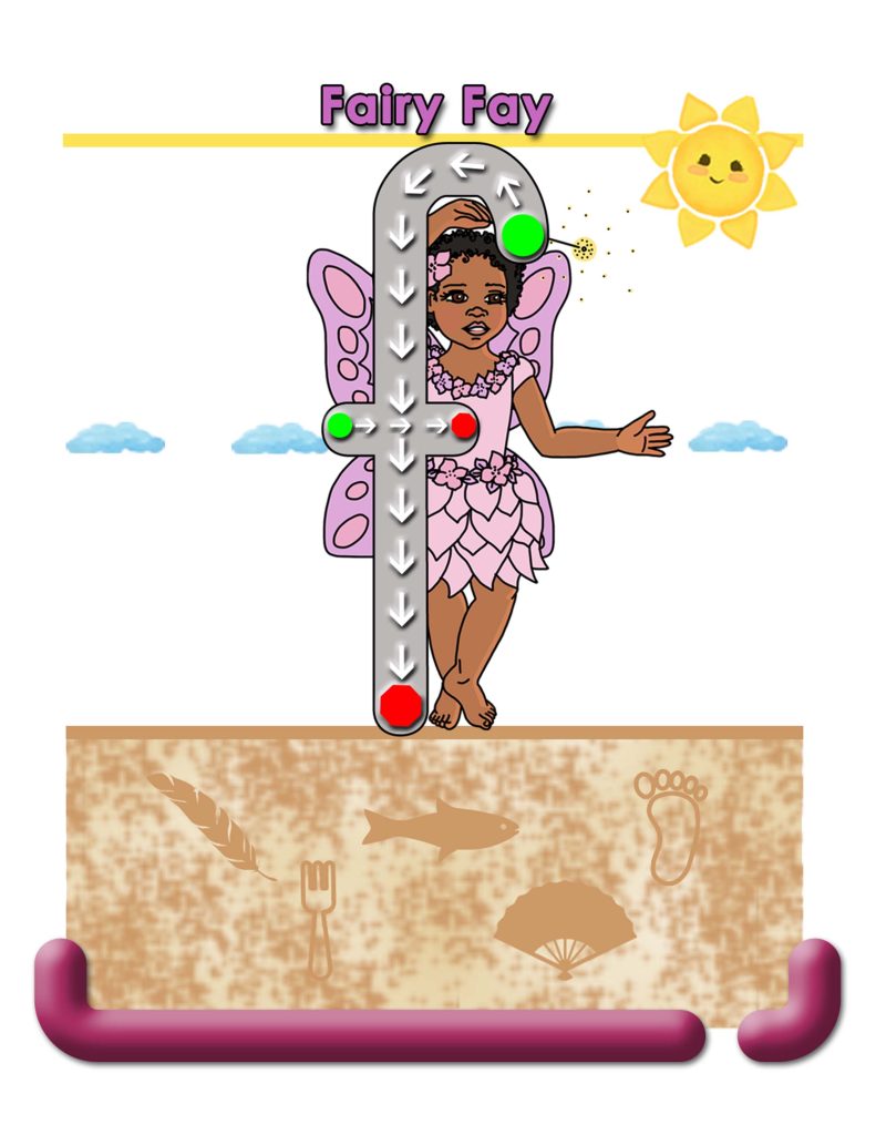 handwriting letter f with directionality, hidden beginning sound pictures and and empbedded fairy.